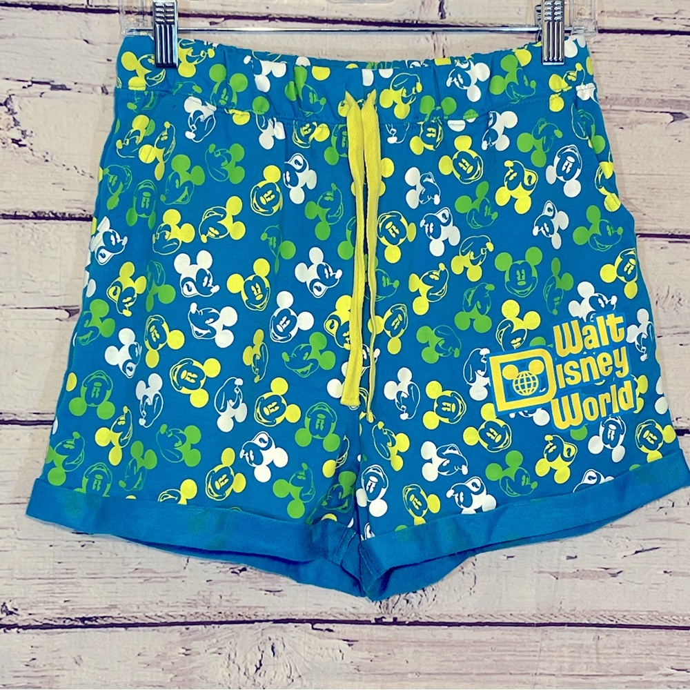 DISNEY Shorts Neon Mickey Mouse Print Teal/Yellow/White-Medium